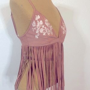 Pink embroidered fringe bralette.